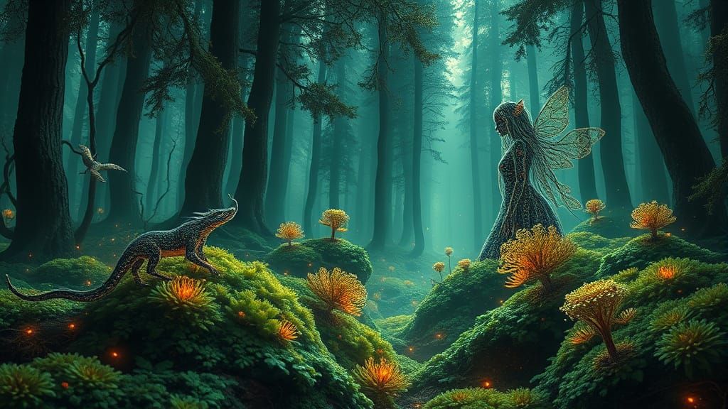 Bioluminescent Forest with Mythical Creatures in Bio-Art Sty...