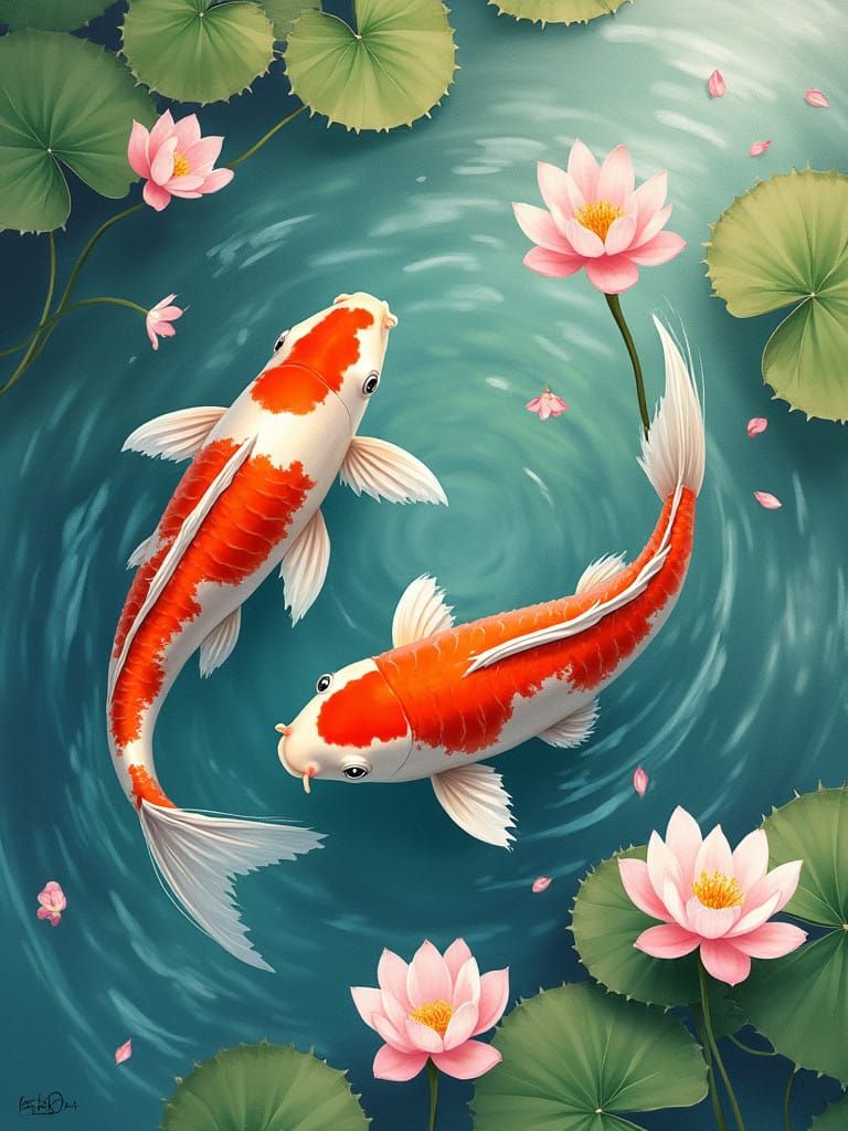 Serene Watercolor Koi Fish in Dreamy Japanese Garden Setting
