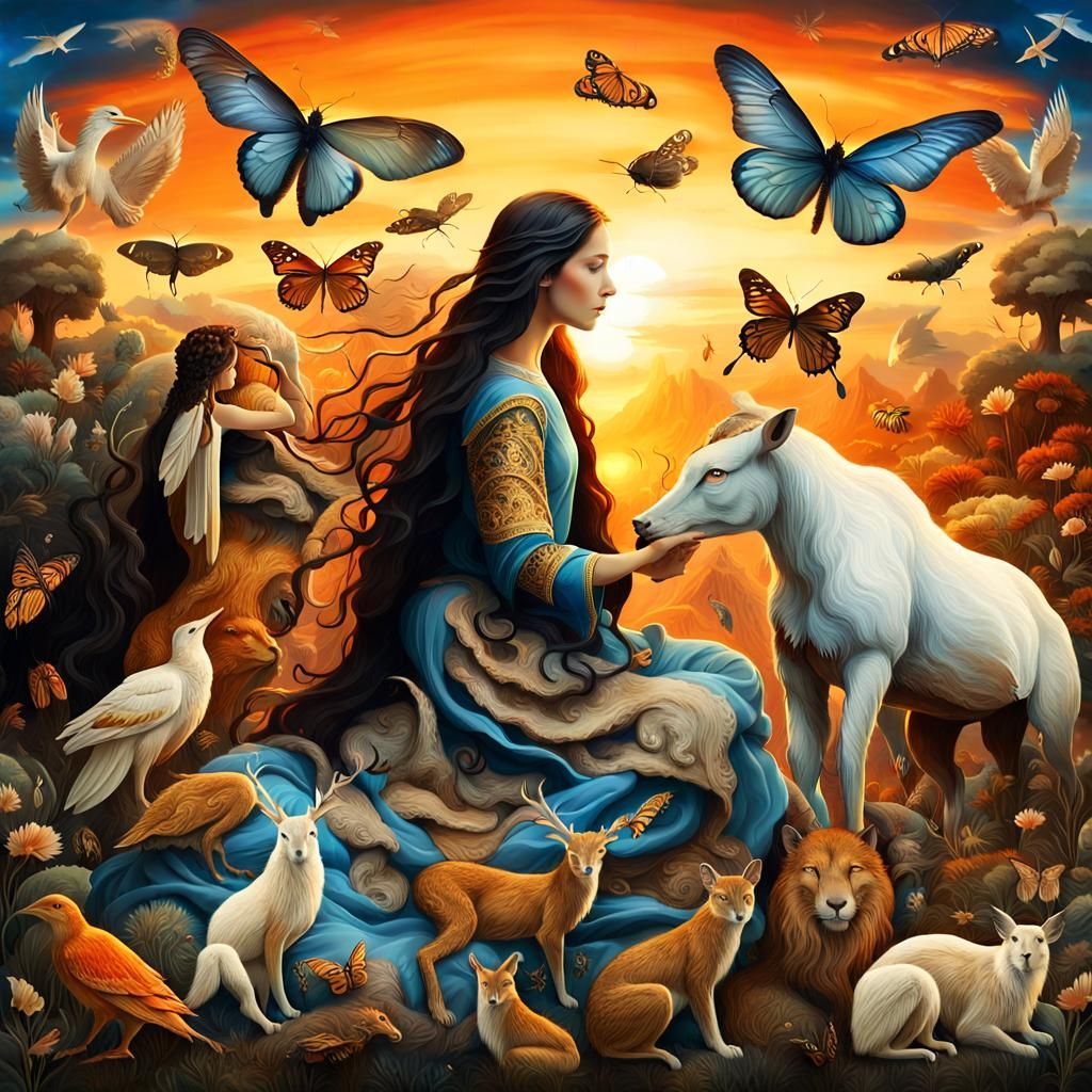 Mythical Woman Surrounded by Wildlife at Sunset