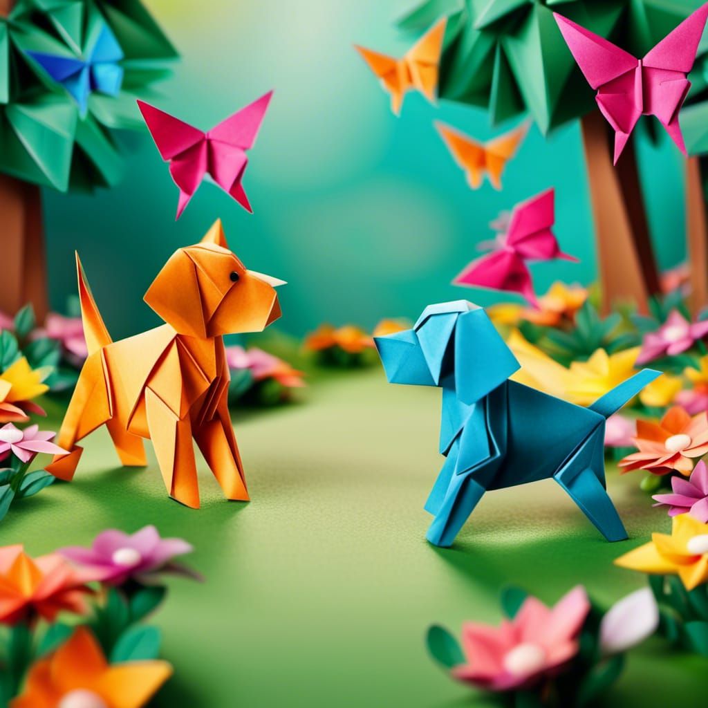 Origami Puppies Chase Butterfly in Garden