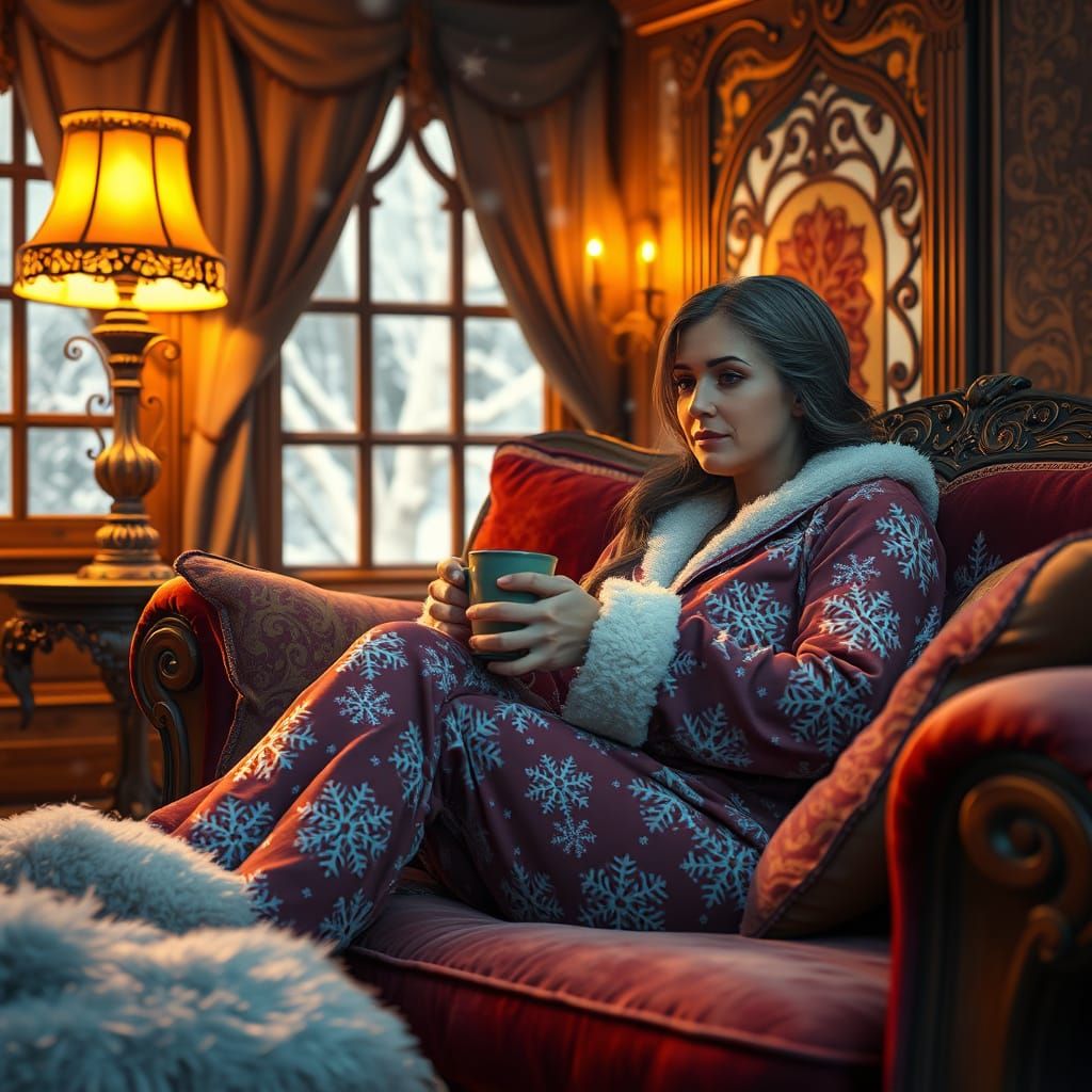Winter Pajama Scene in Whimsical Fantasy Style