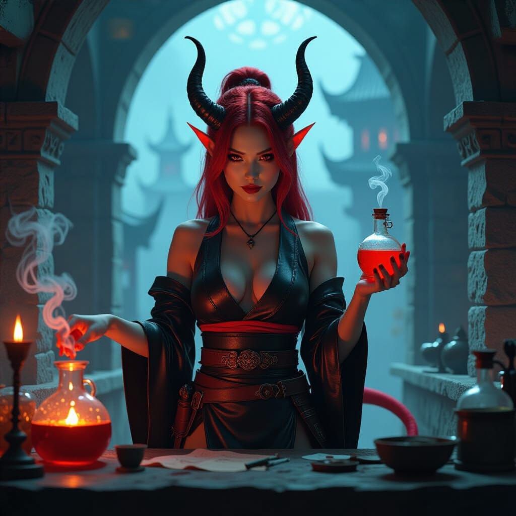 Tiefling Alchemist in Shadowy Laboratory: A Fusion of Styles