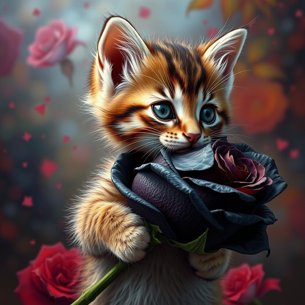 Whimsical Kitten with Black Rose in Hyperrealistic Splash Ar...