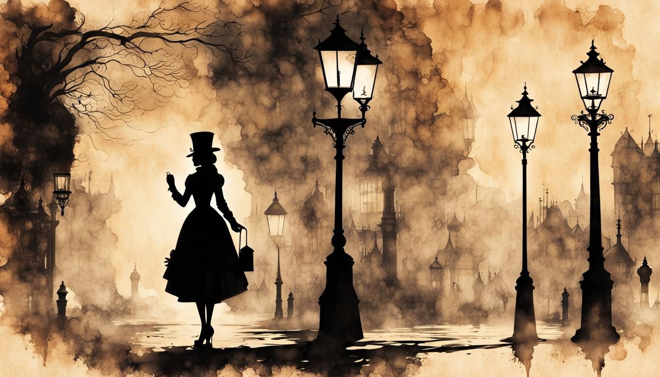 Steampunk Victorian Silhouette in Ink Painting Style