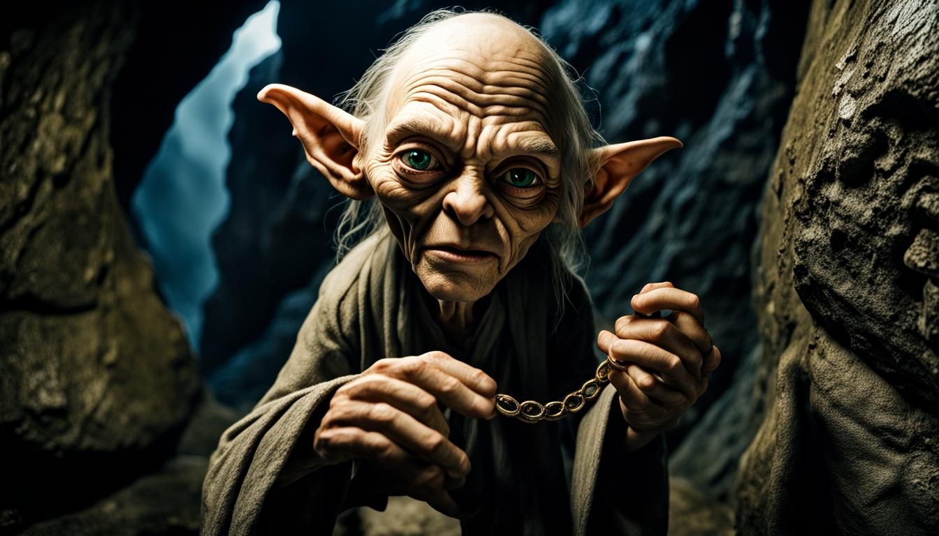 Hyperrealistic Smeagol in Cave with Ring