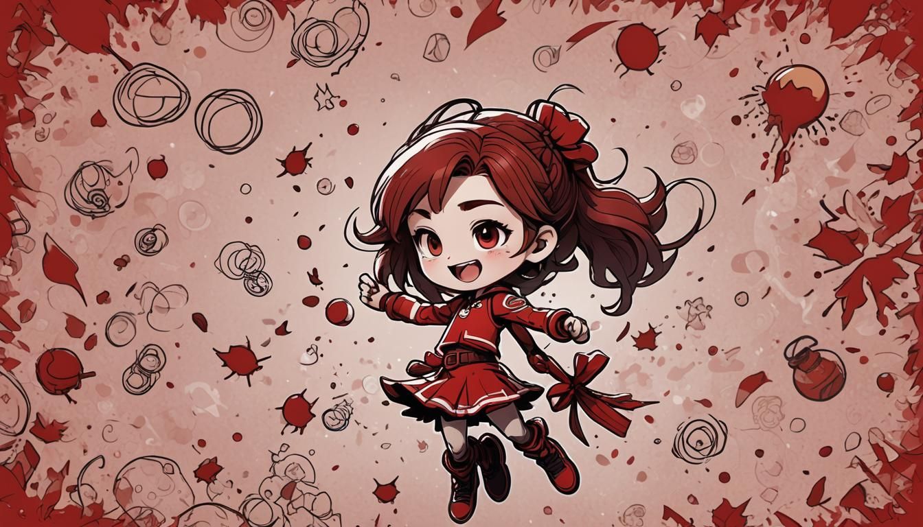 Cheerful Chibi Figures in Red Ink Drawings