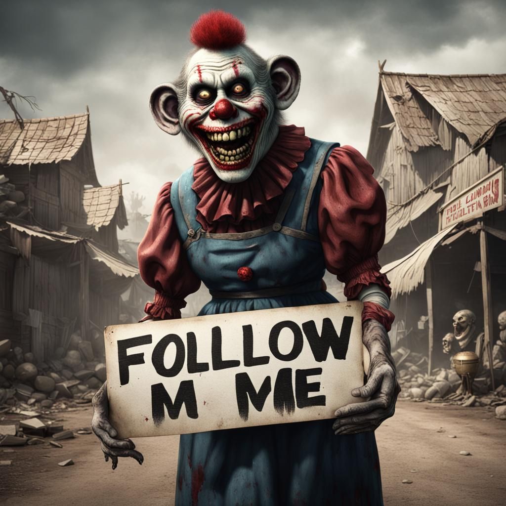 Zombie Monkey Clown Woman with Sign: FOLLOW ME