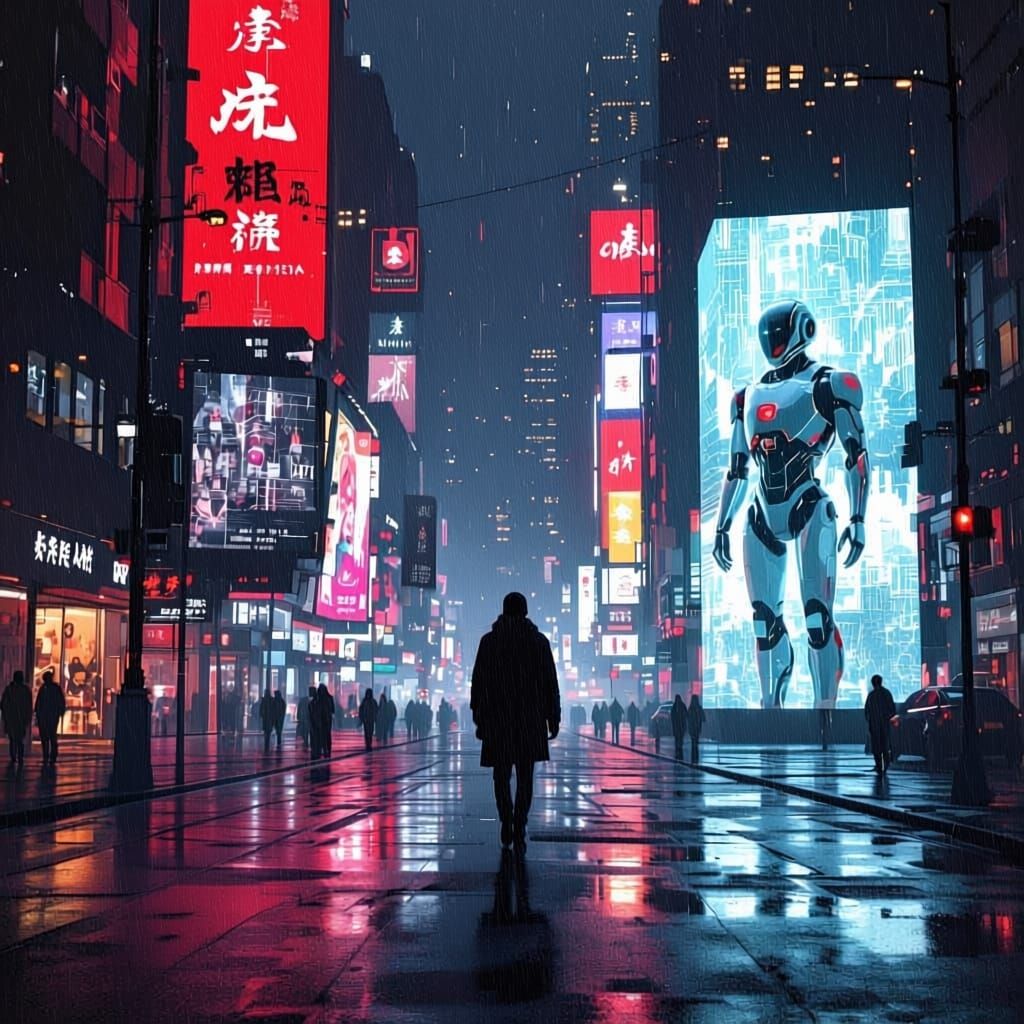 Cyberpunk City Night: Humanity vs AI Contrast