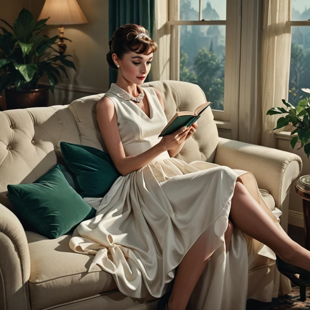 Audrey Hepburn Reading, Film Noir Digital Painting