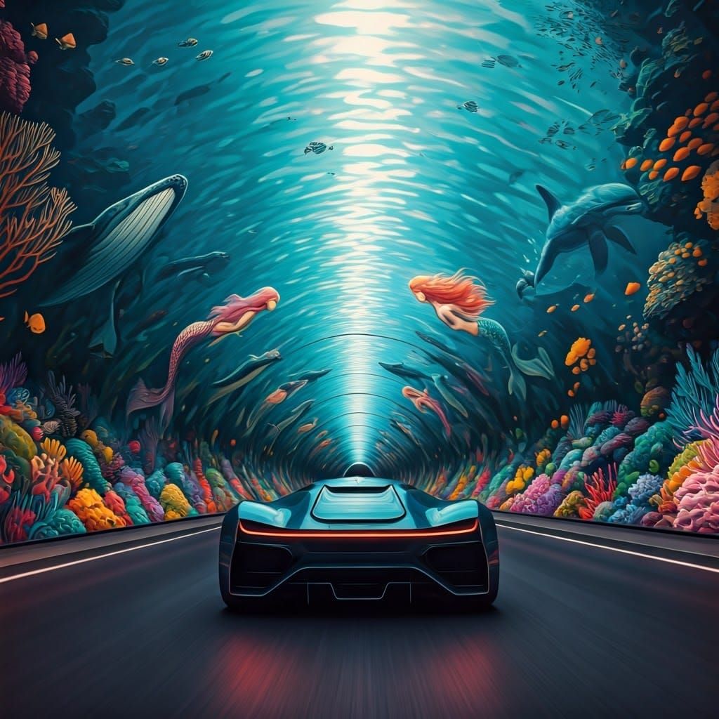 Futuristic Car in Underwater City Tunnel Mural