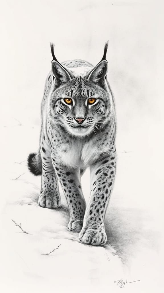 Charcoal Sketch of a Lynx in a Snowy Landscape, Inspired by ...
