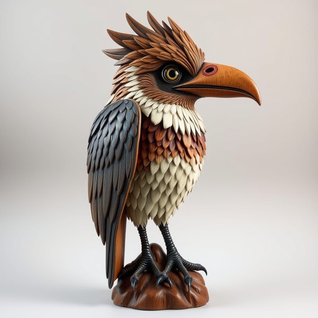 Whimsical Celtic Bird Portrait in Intricate Woodcarving with...