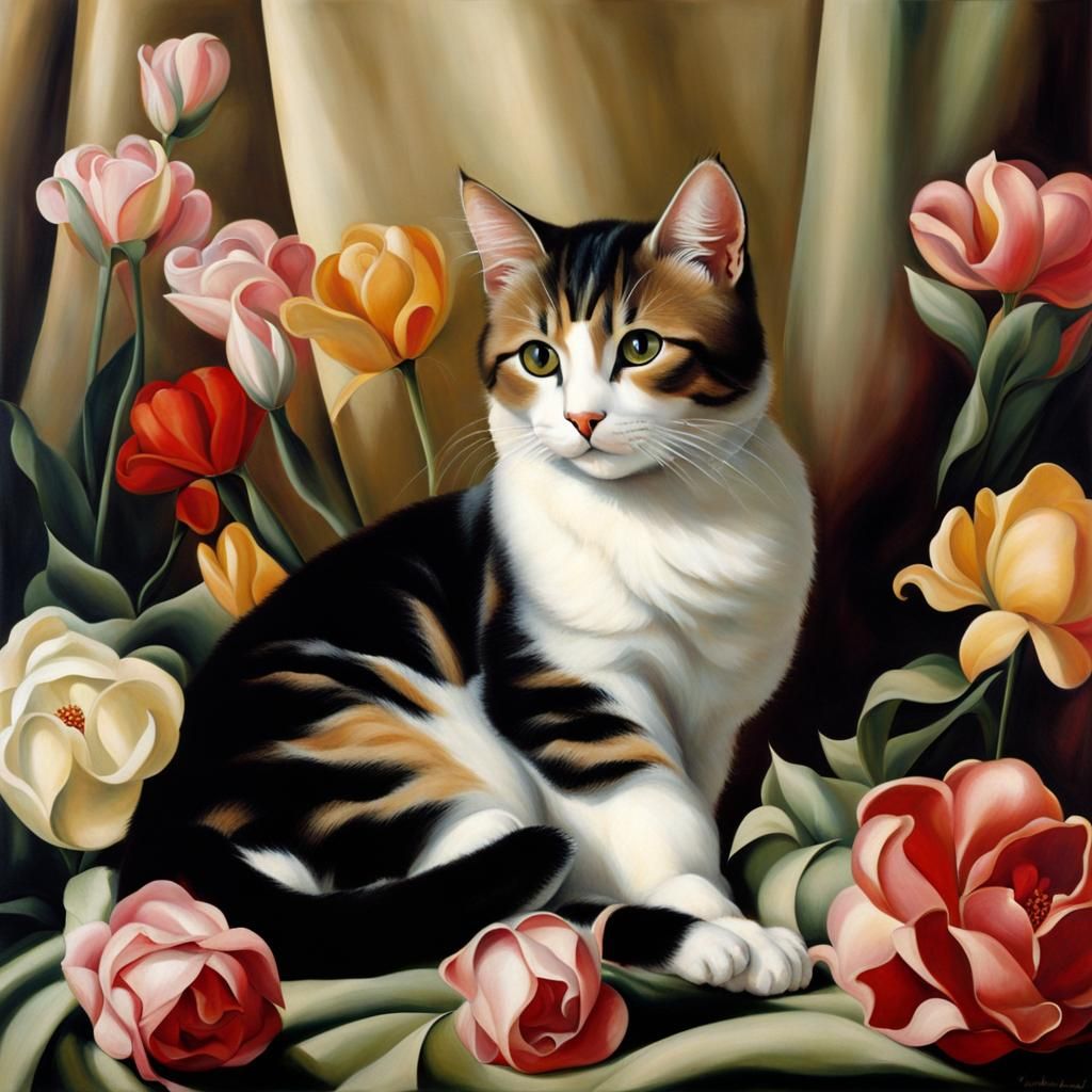 Art Deco Cat Portrait with Flowers in Lempicka Style