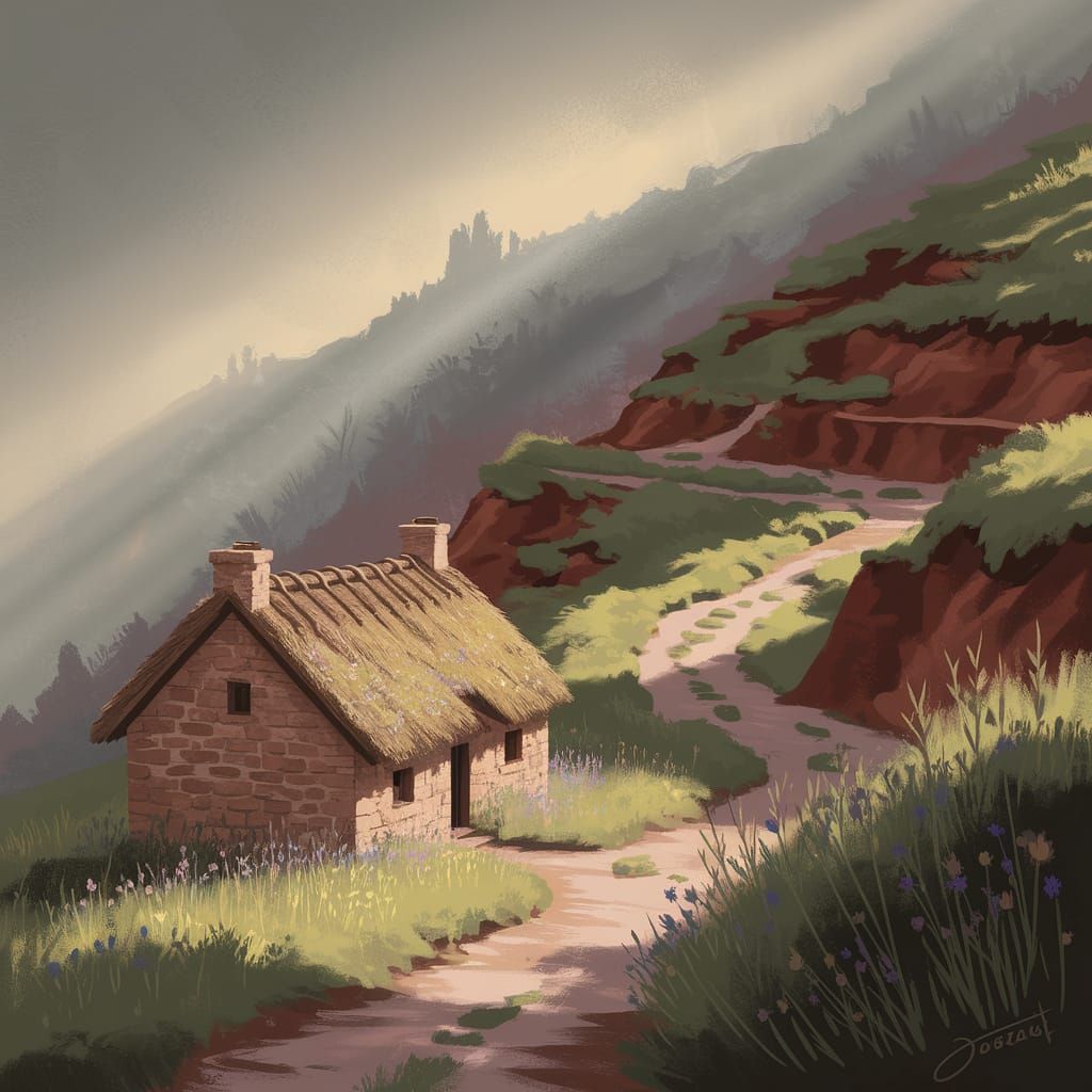 Misty Mountain Cottage in Pastel Painting Style