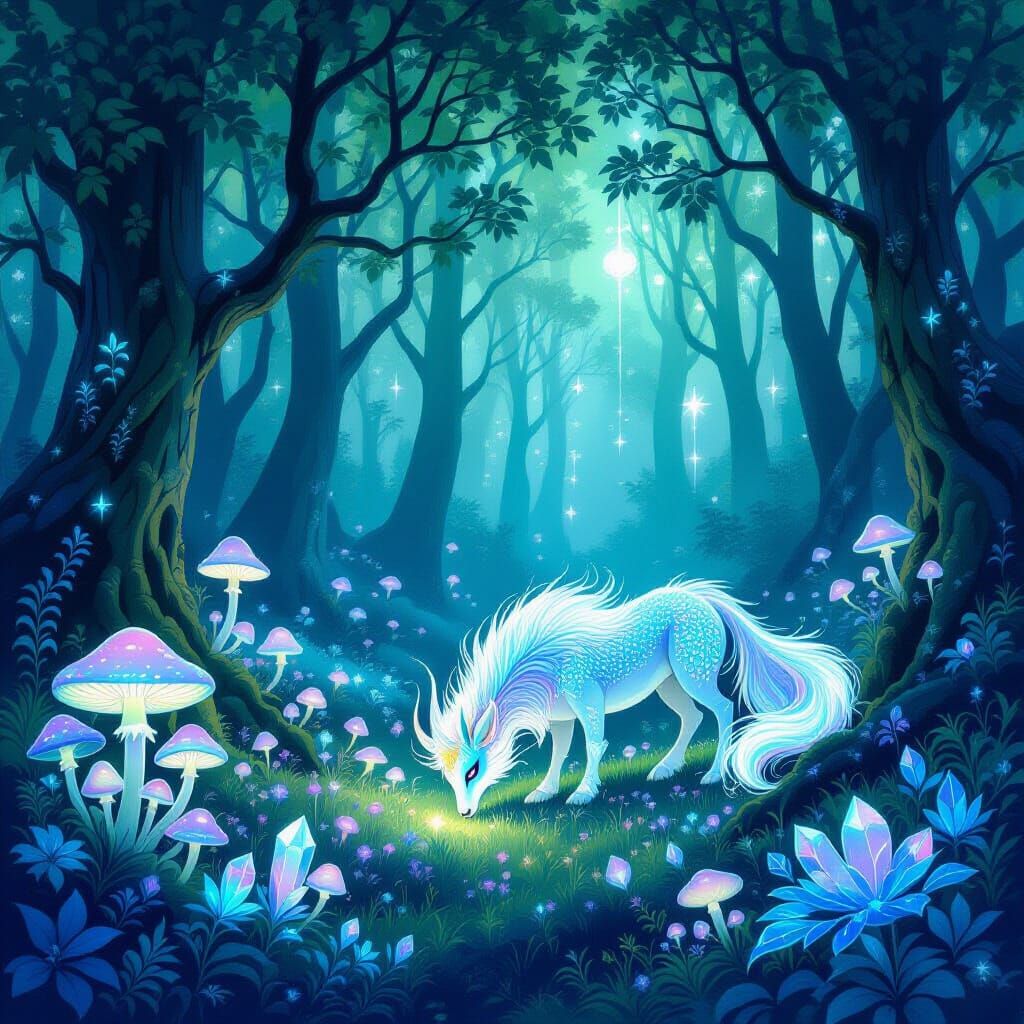 Ethereal Forest Clearing with Bioluminescent Flora and Fauna