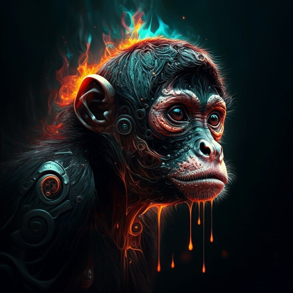 Aztec Biopunk Spider Monkey Profile in Flames