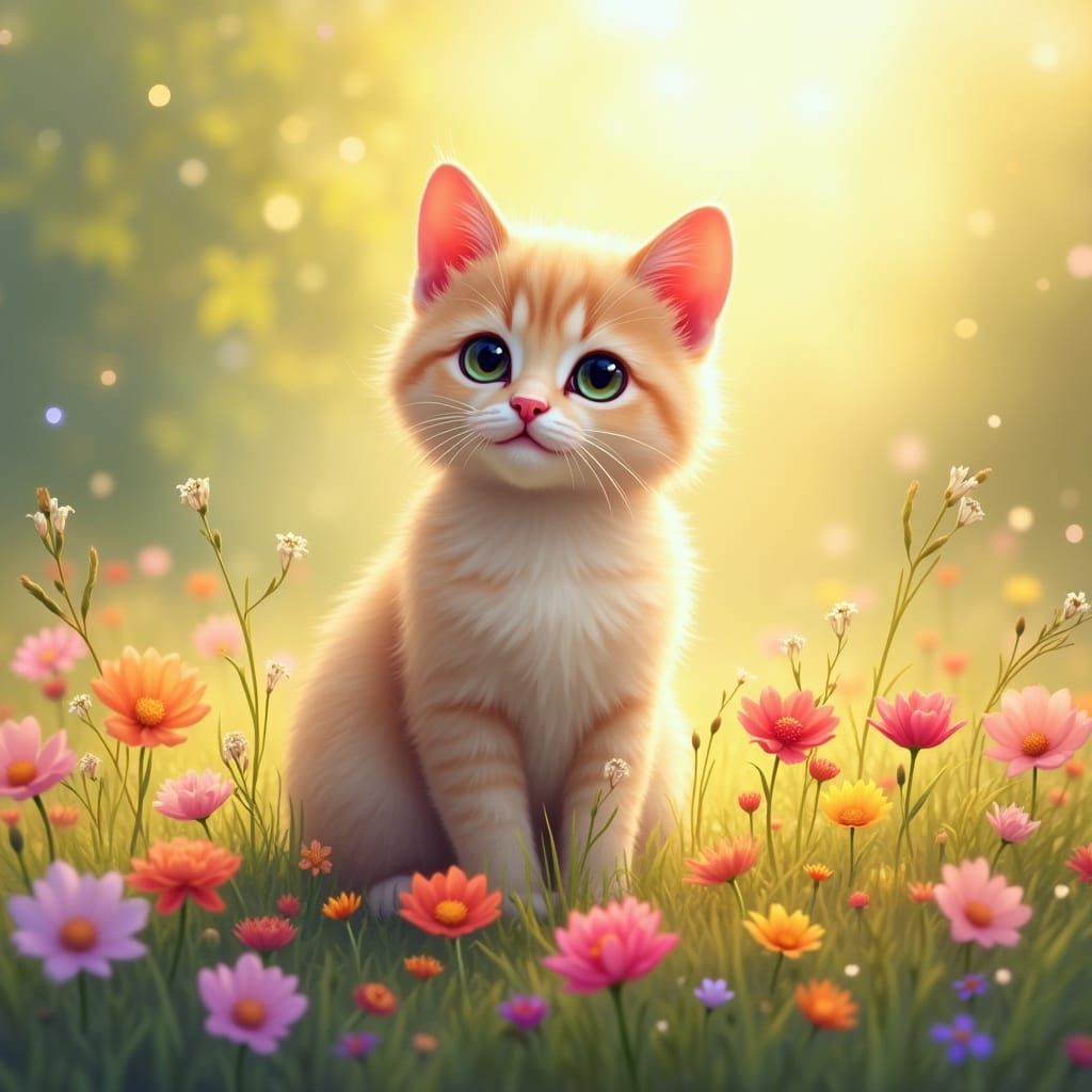 Cat in Flower Field Digital Art Painting