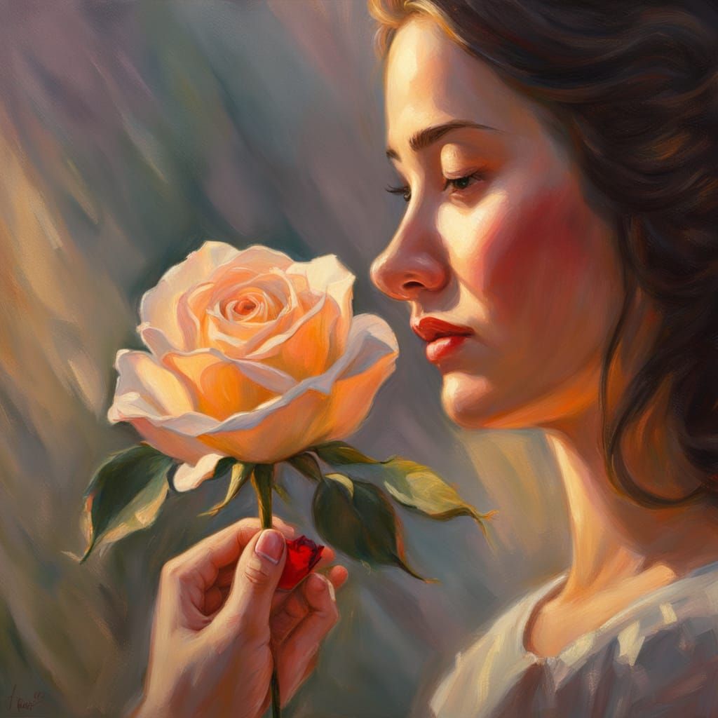 Impressionist Oil Painting of Tender Rose Offering
