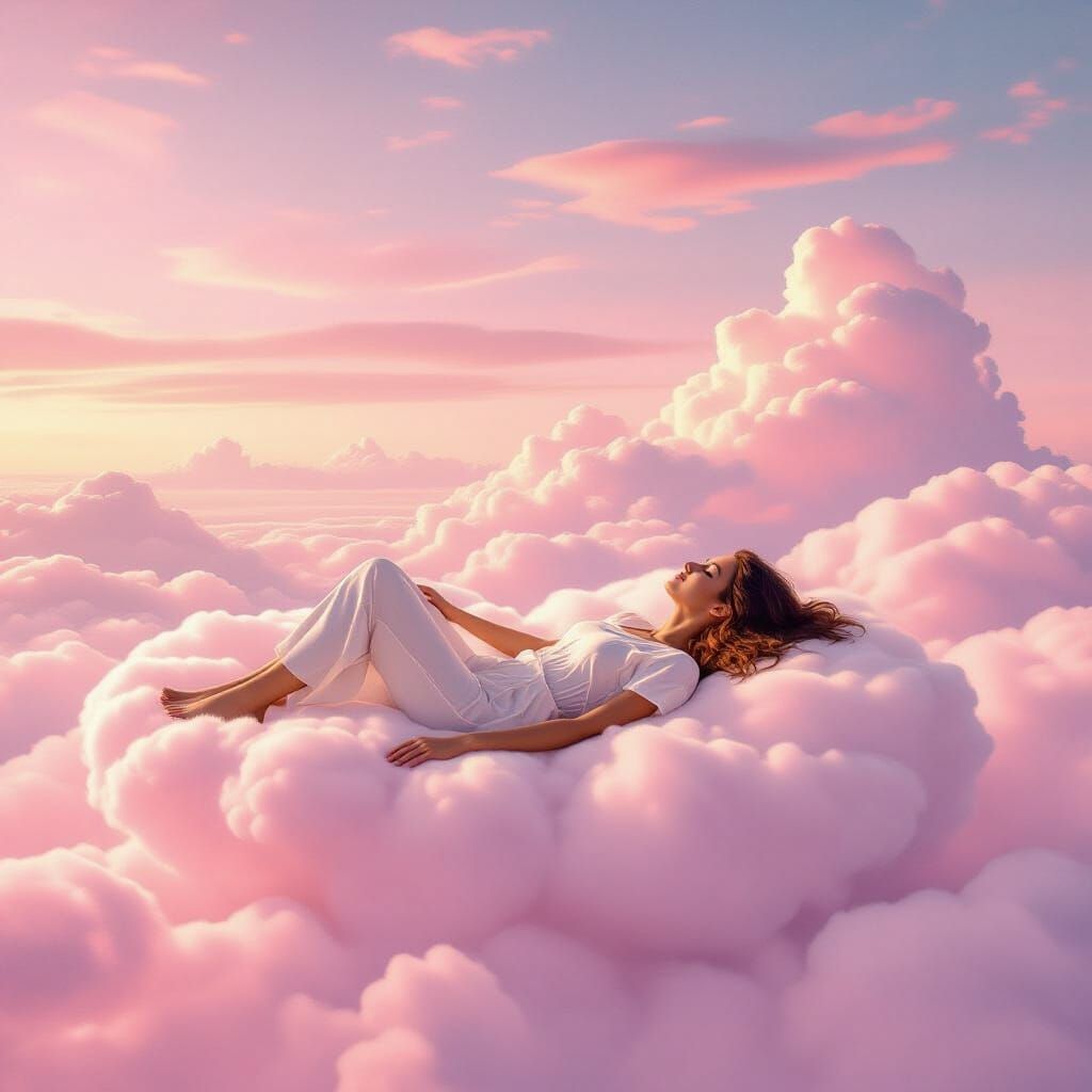 Dreamy Pink Sky Scene with Woman on Cloud