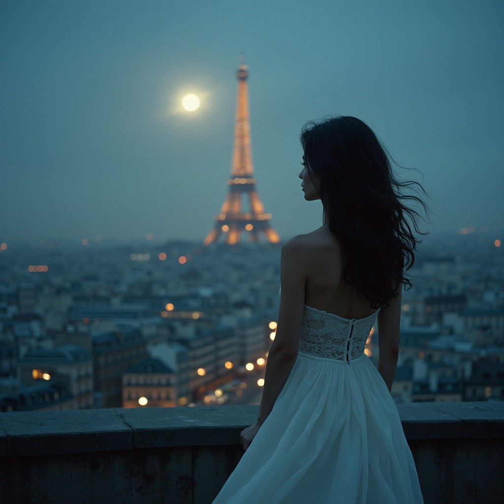 Paris Rooftop Dreamscape in Film Noir Style