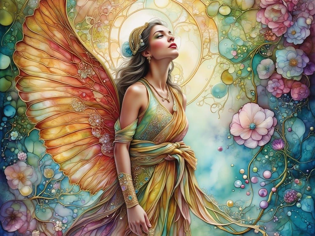 Goddess in Silk Robes with Watercolor Textures