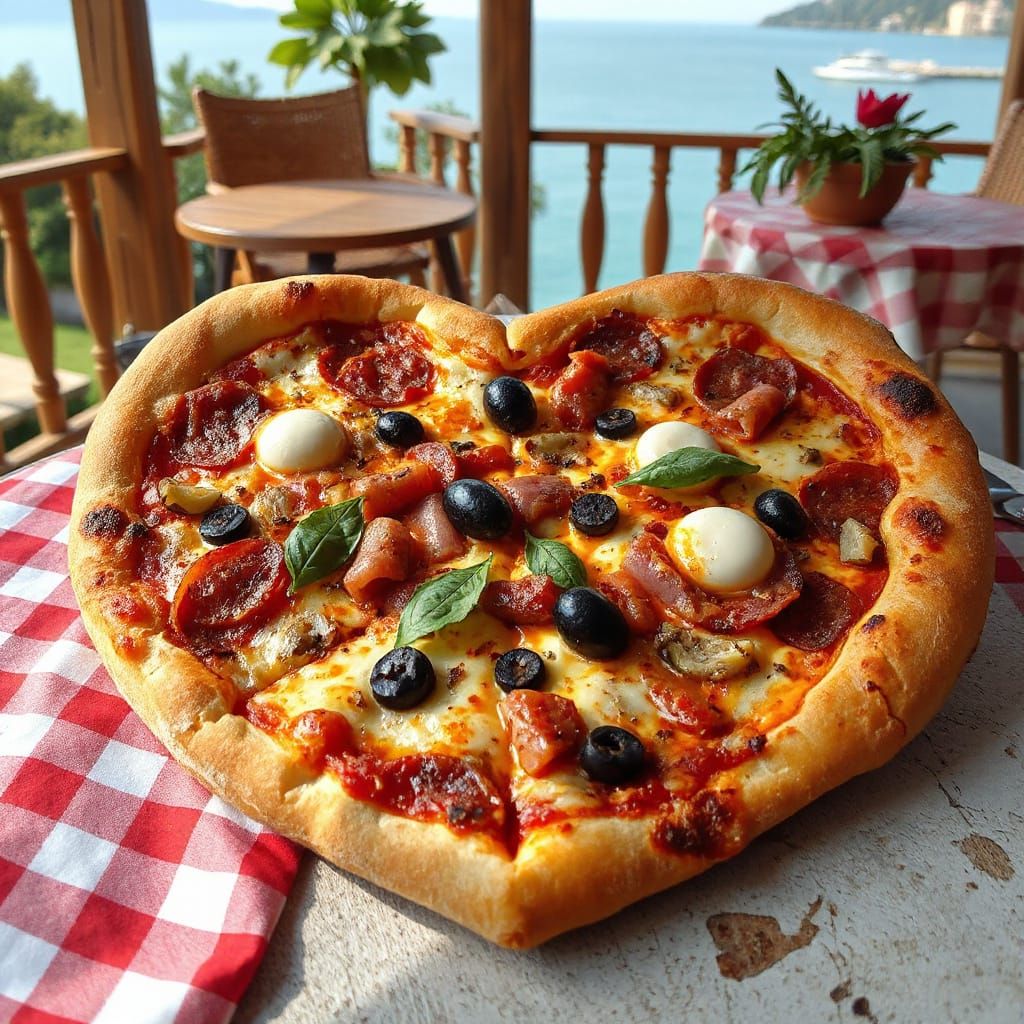 Heart-Shaped Pizza with Golden Crust, in Impressionist Style