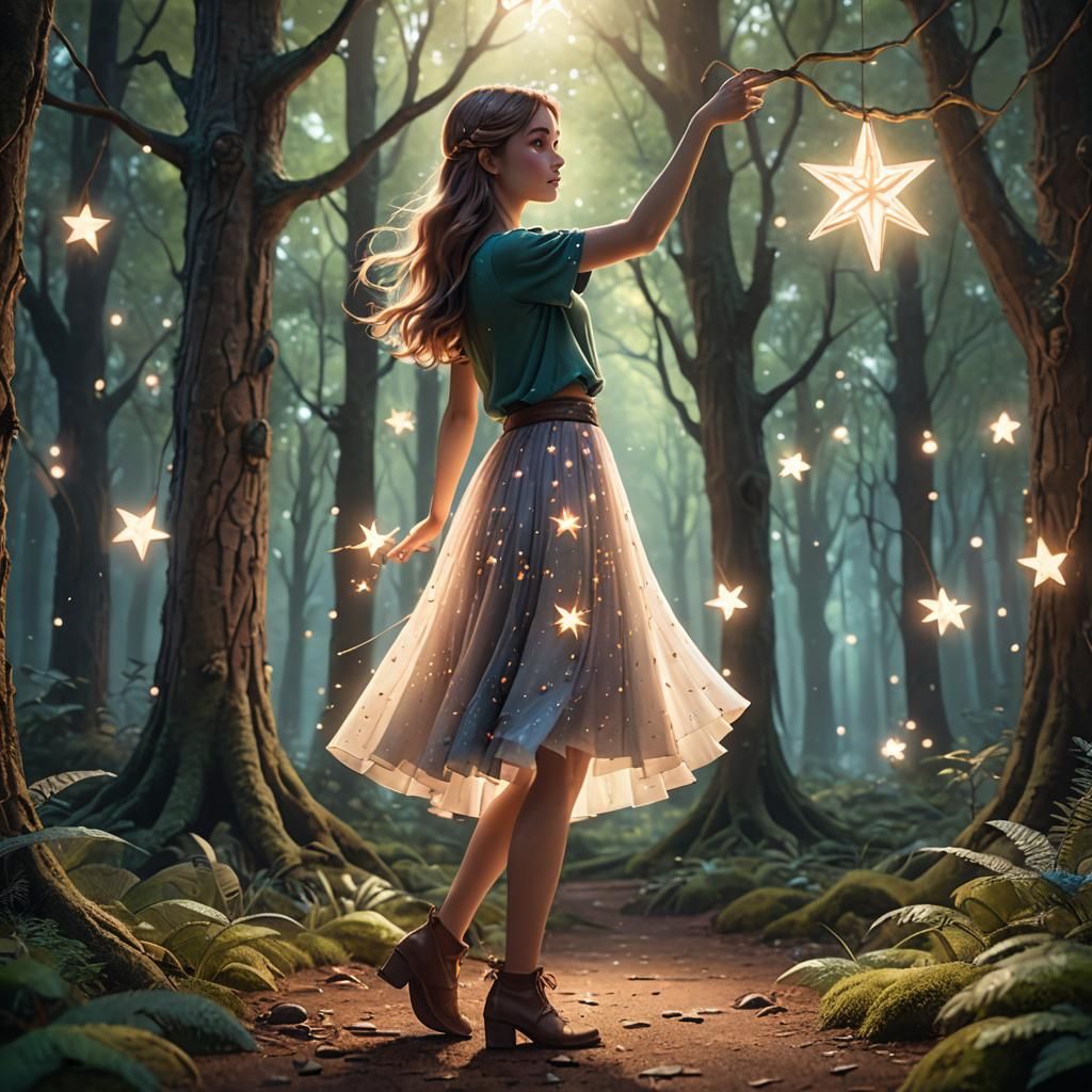 Girl Holds Glowing Star in Whimsical Forest