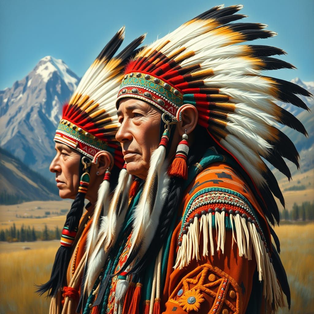 Arapaho Tribal Regalia in Mountain Landscape