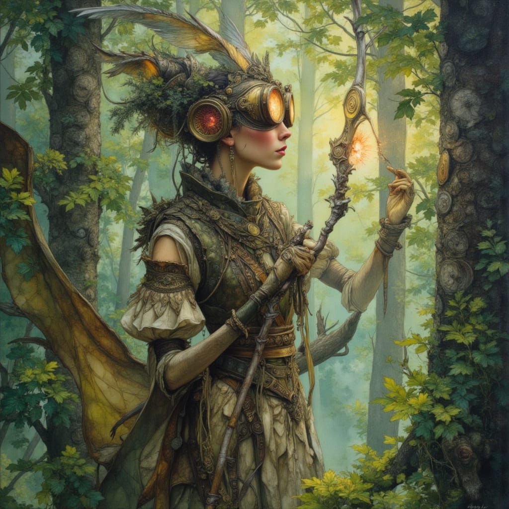 Steampunk Druid in Ancient Forest, Alcohol Ink Style