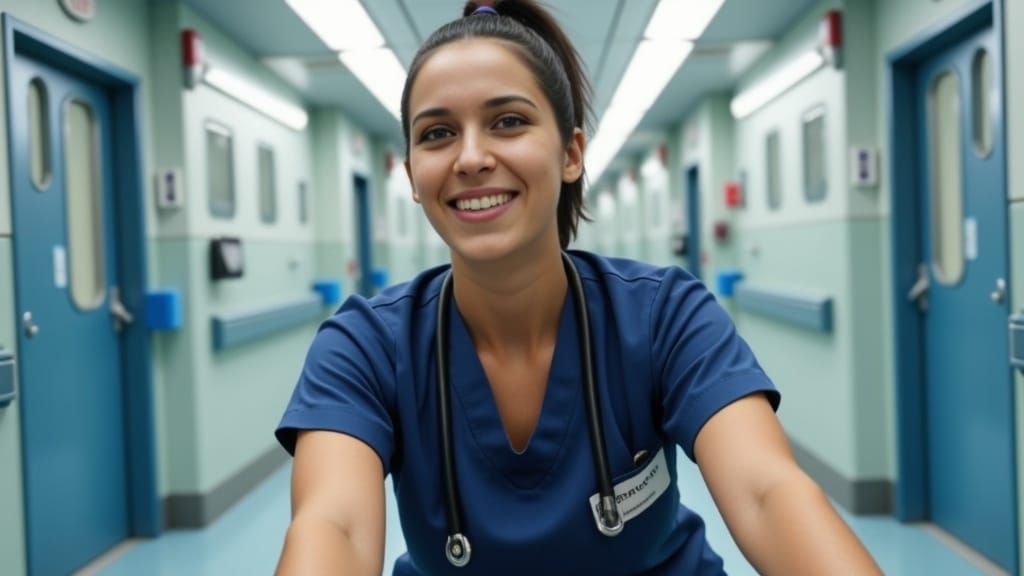 Nurse in Navy Blue Scrubs Pushes Wheelchair in a Bright Hosp...