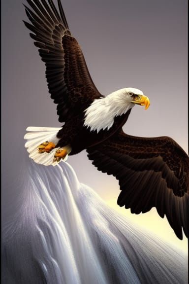Majestic Bald Eagle Flying Over a Mountain Waterfall