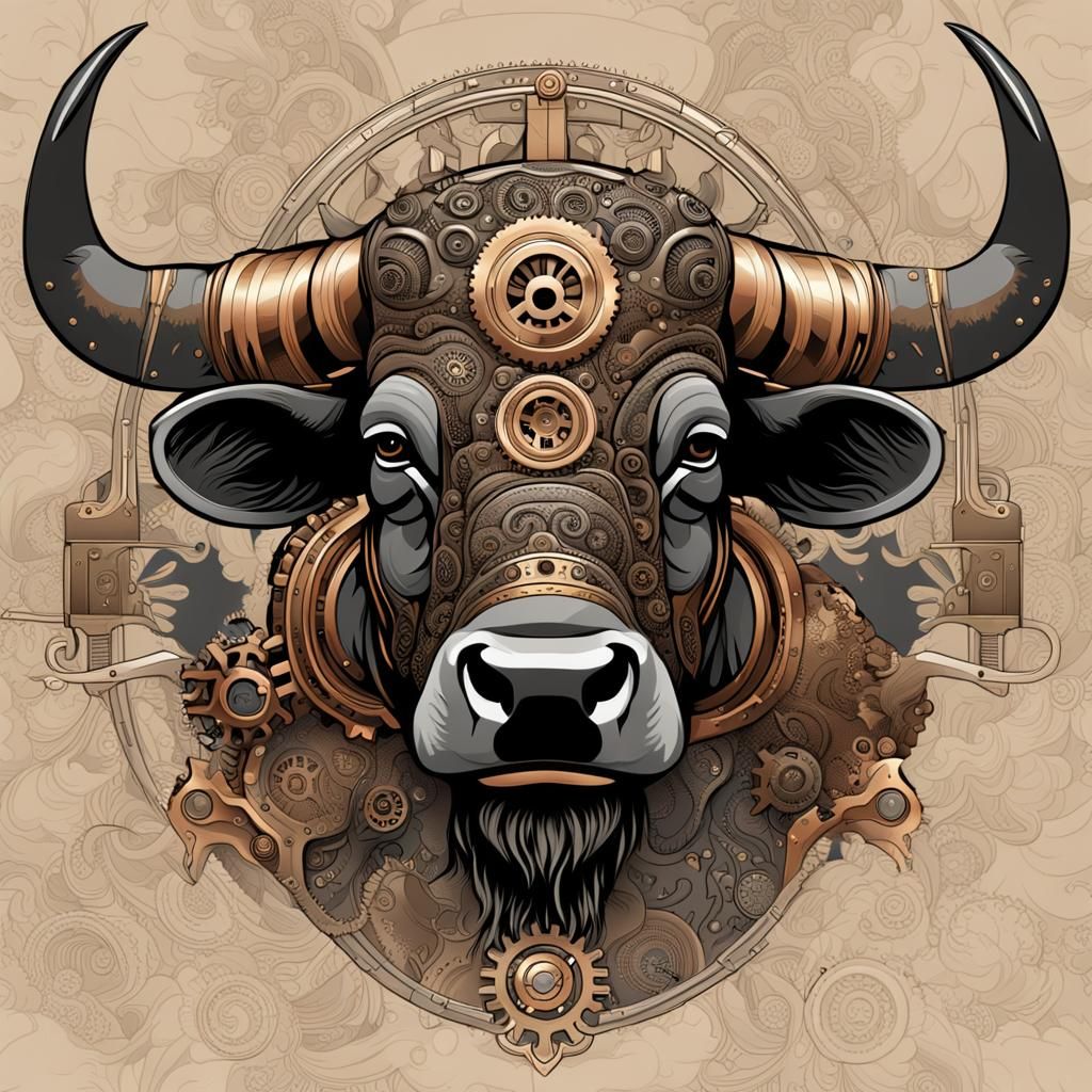 Steampunk Buffalo Head in Intricate Line Art