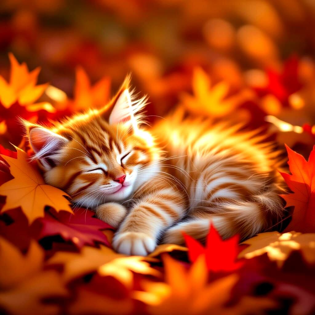 Photorealistic Kitten Sleeping on Autumn Leaves