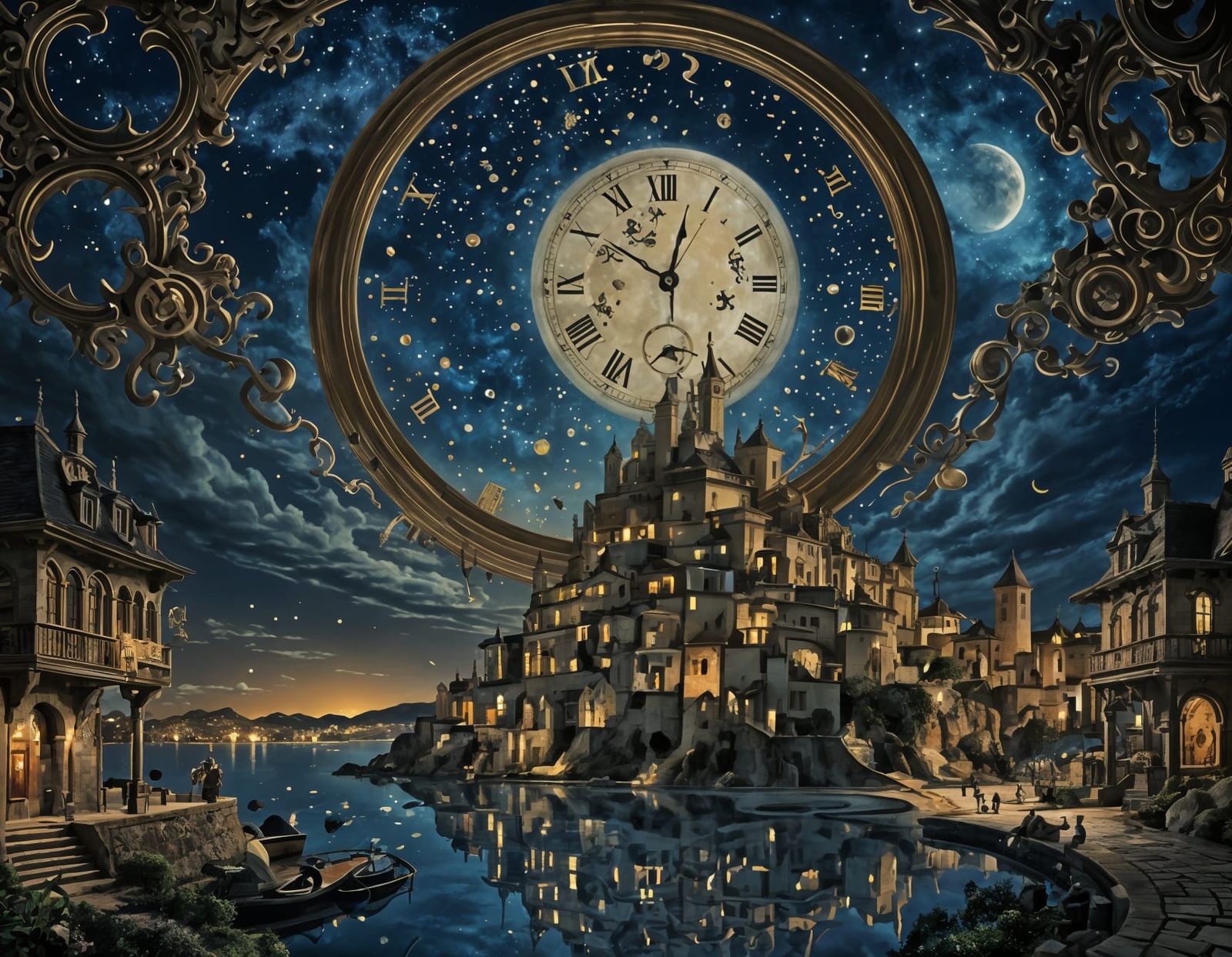 Magic Clock Town at Night: Digital Salvador Dali-esque Art