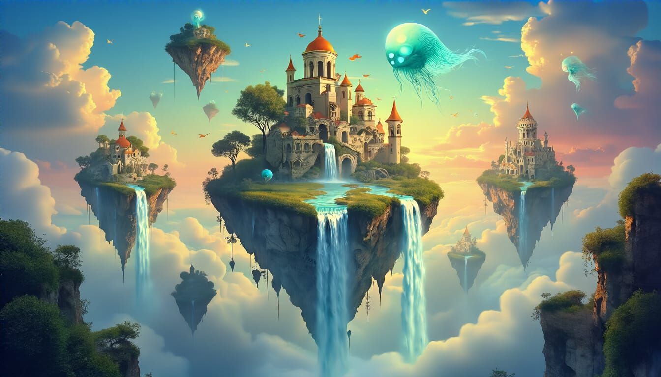 Surreal Dreamscape With Floating Islands and Warped Gravity