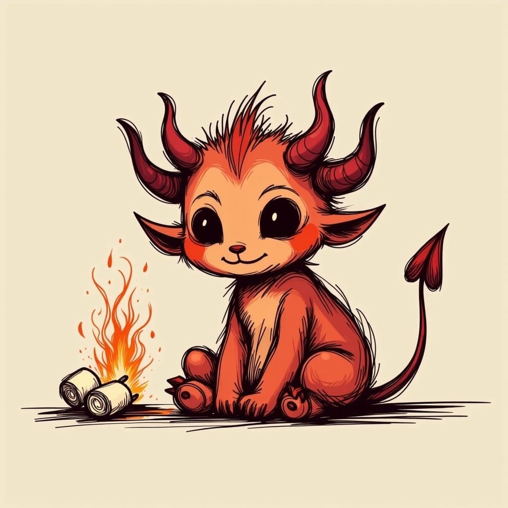 Cute Demon Roasting Marshmallows in Scribble Art