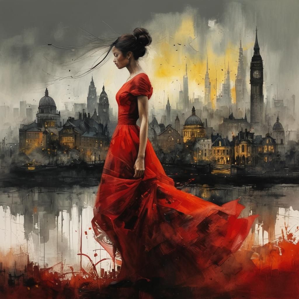 Woman in Evening Dress Amidst London Skyline