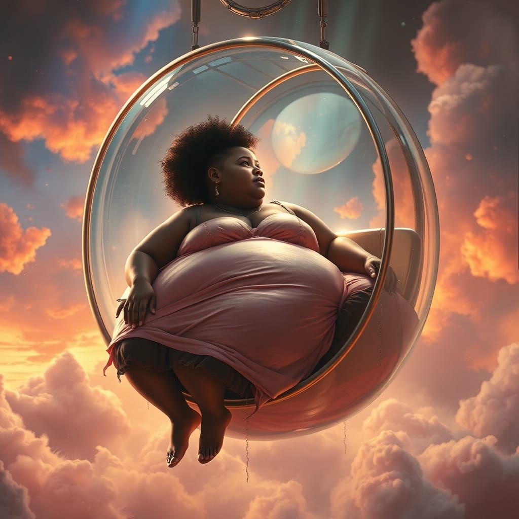 Hyperrealistic Obese Girl in Flying Chair