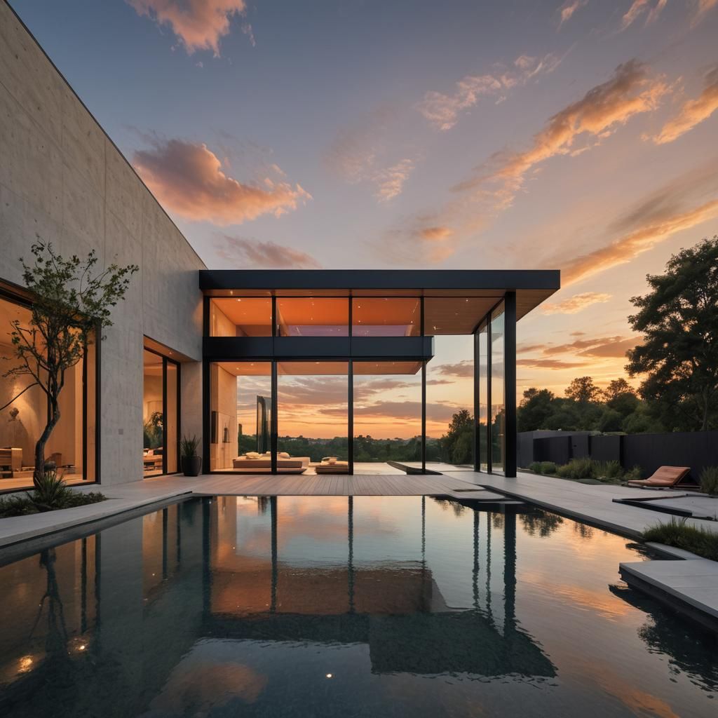 Modern Mansion with Infinity Pool at Sunset