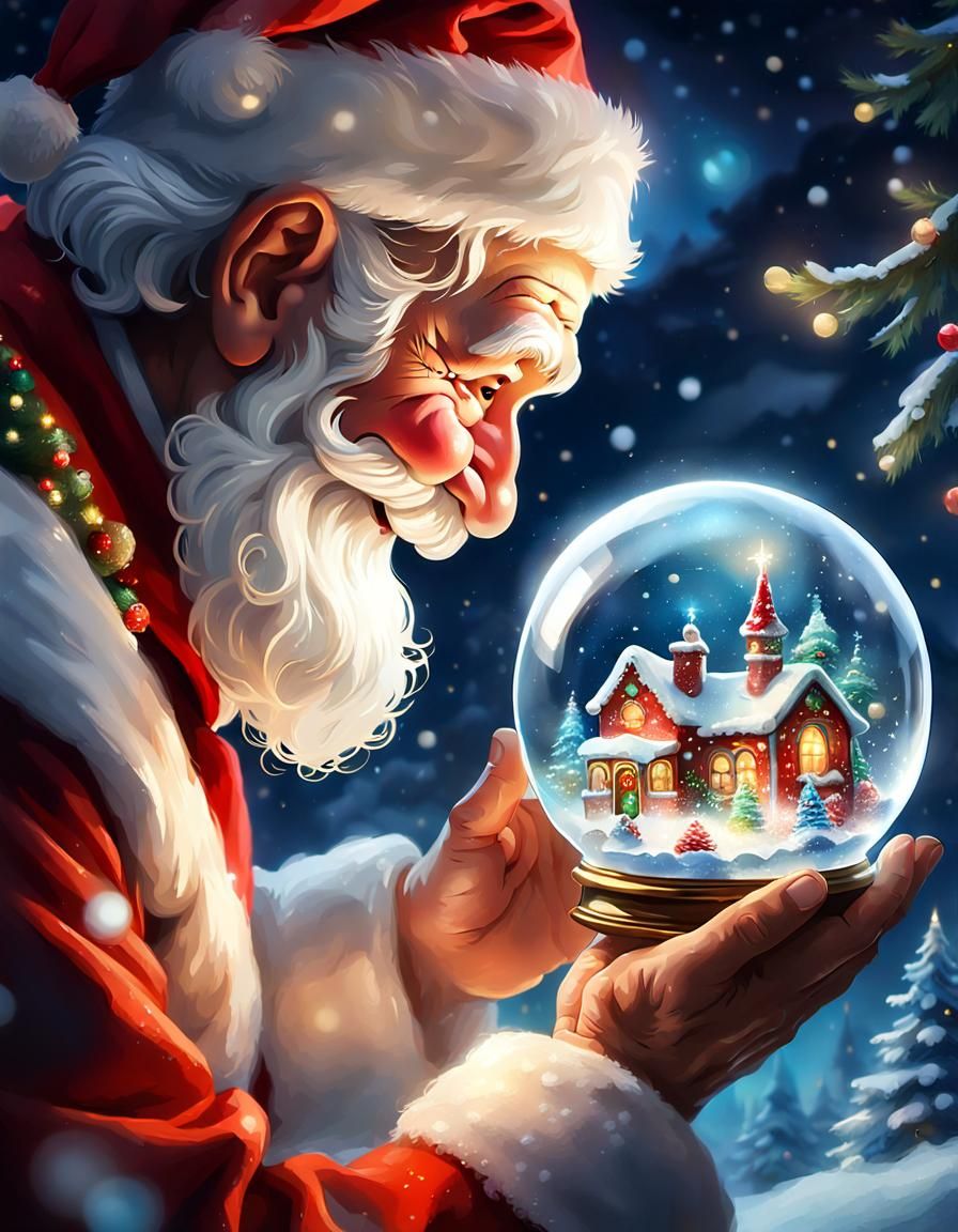 Santa Claus with Enchanted Snow Globe Oil Painting