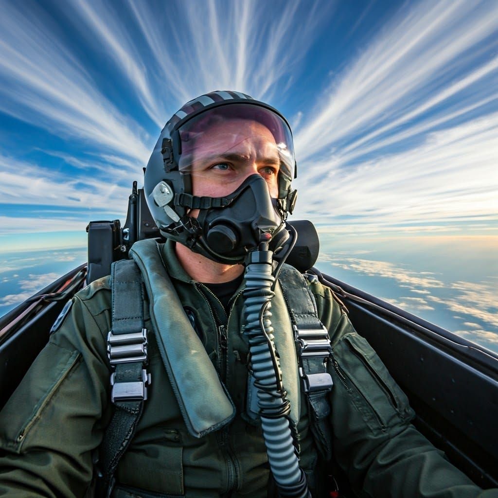 Pilots in Military Jet with Oxygen Mask Soaring through Heav...