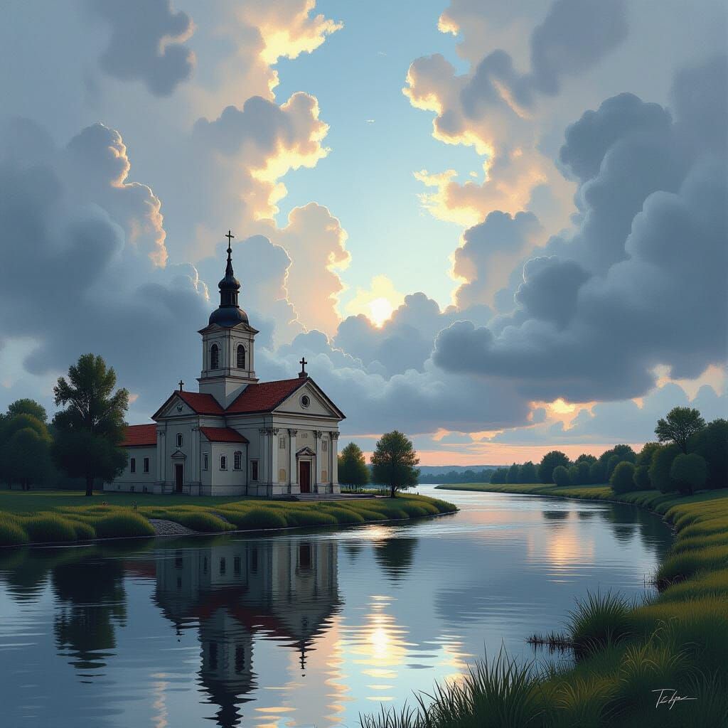 Roman Church Under High Contrast Clouds in Charcoal Style