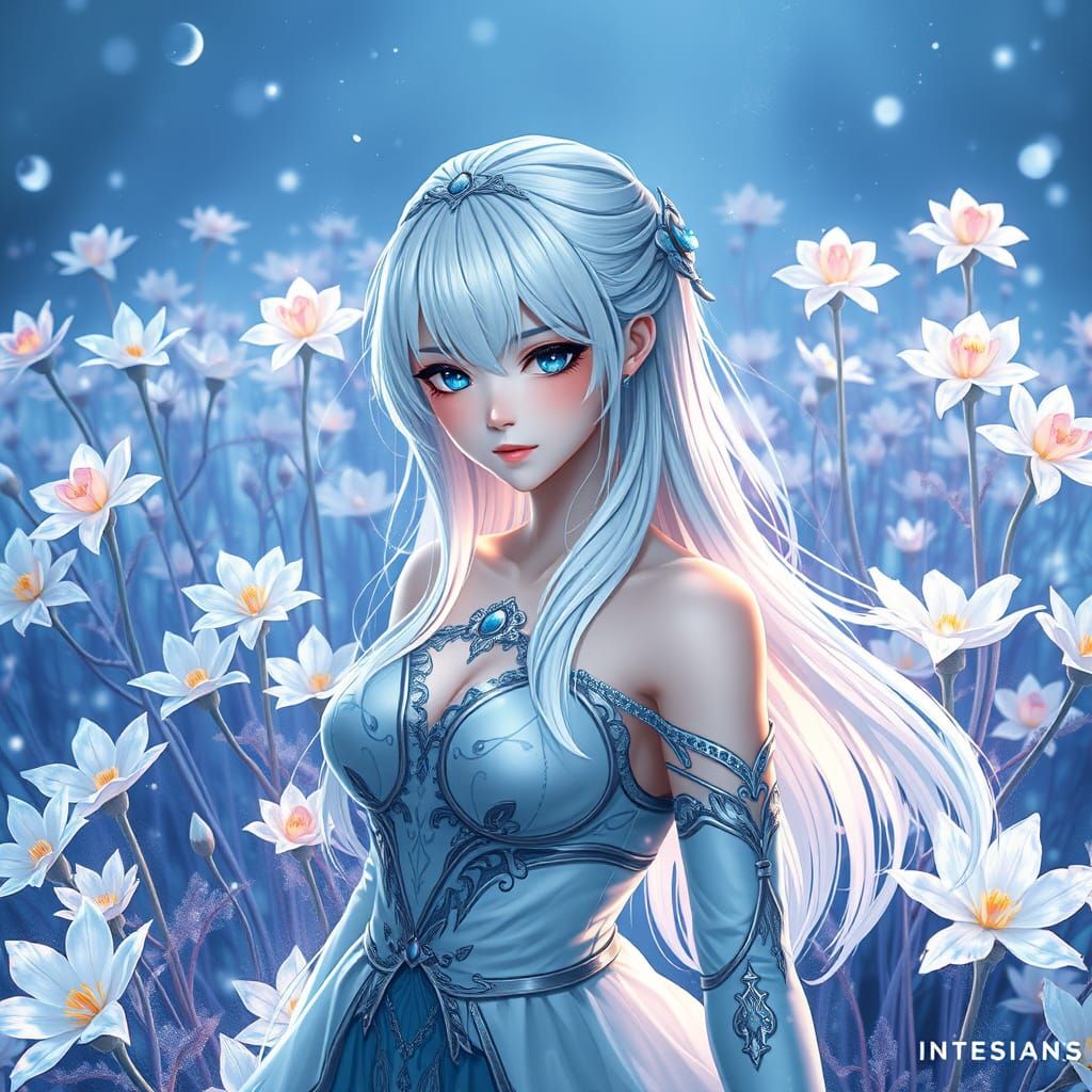 Anime Woman In Icy Flowers, Fantasy Concept Art