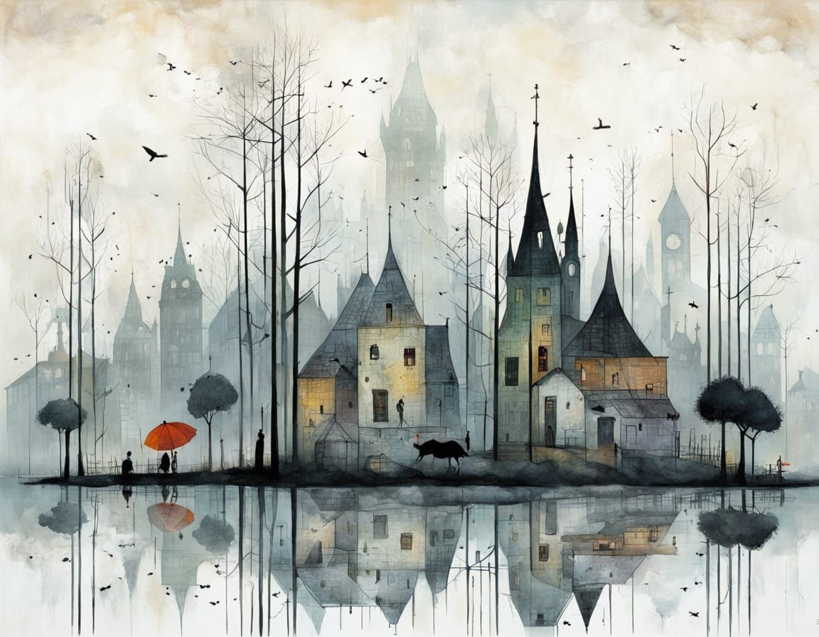 Dreamy Foggy World in Whimsical Watercolor Style