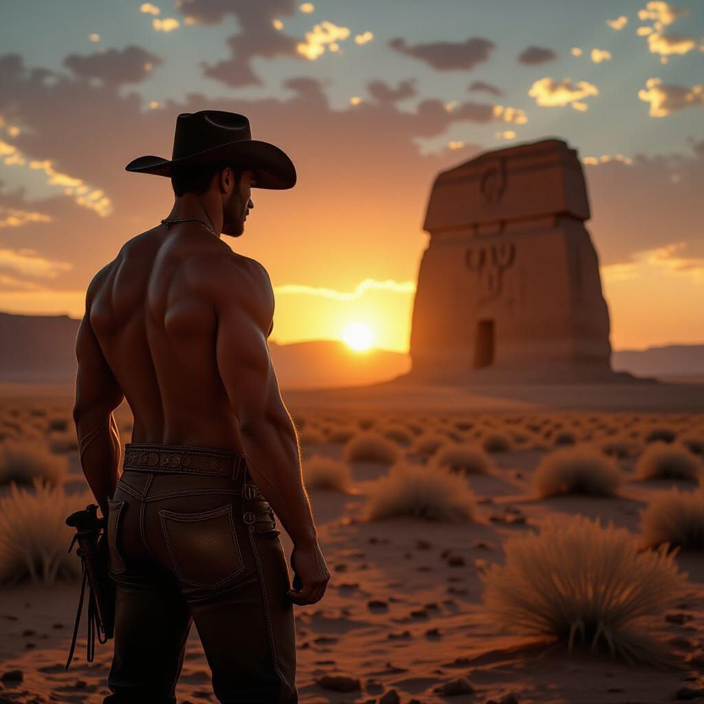Muscular Cowboy Silhouetted at Desert Sunset