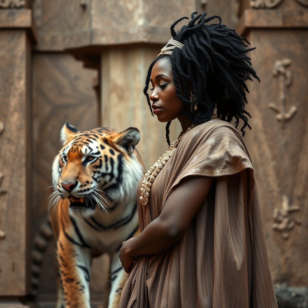 African Woman Holds Majestic Tiger in Ancient Malay Temple