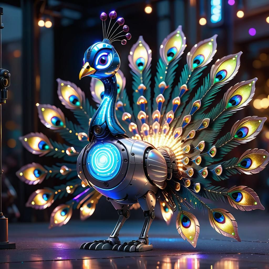 Robotic Peacock with Neon Tail in Pixar Style