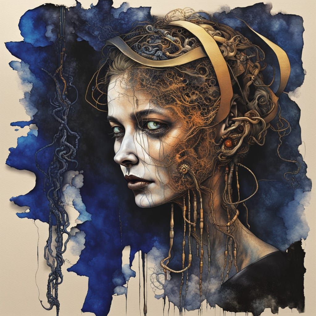 Cyberized Human Amidst Biomechanical Landscape in Dark Fanta...