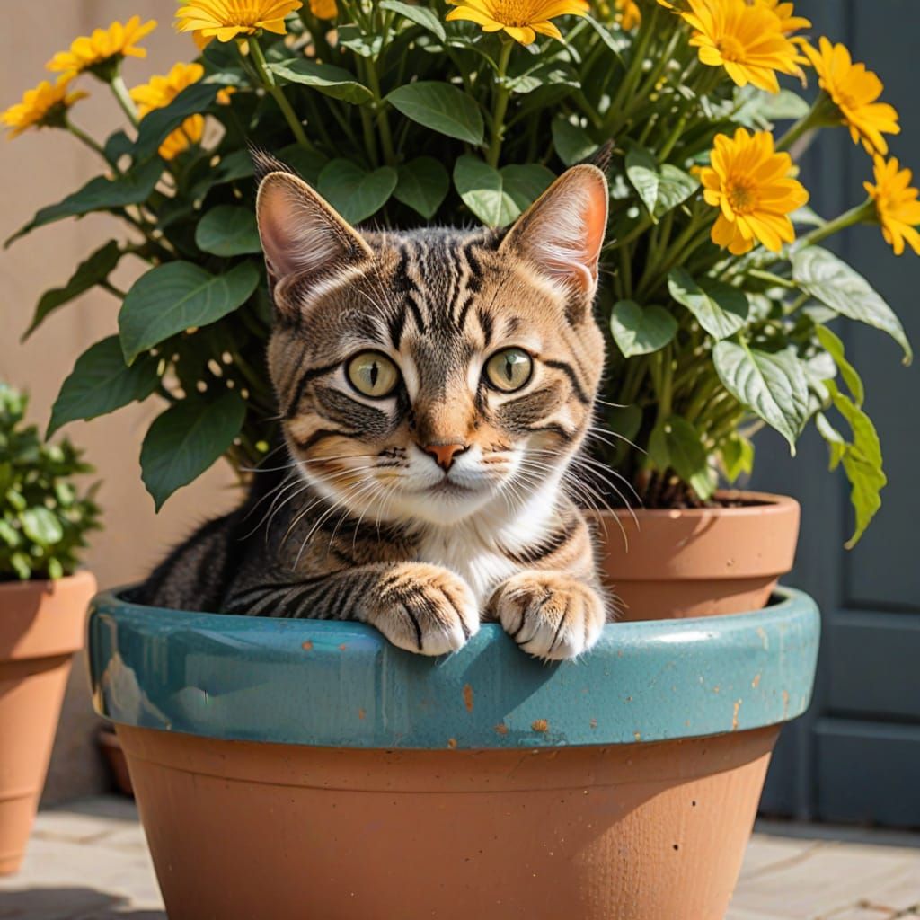 Whimsical Feline in a Floral Vase