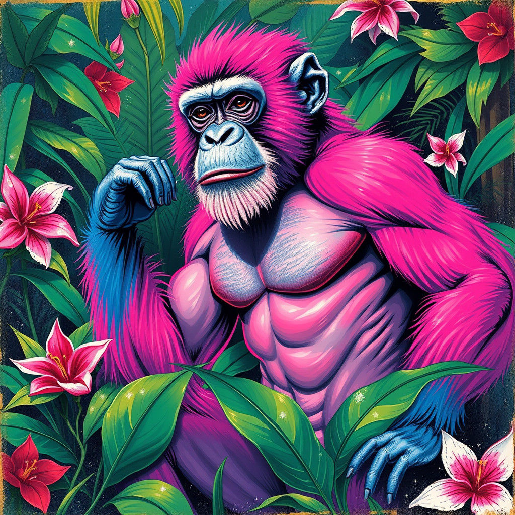 Muscular Monkey in Jungle, Basquiat-Inspired Art